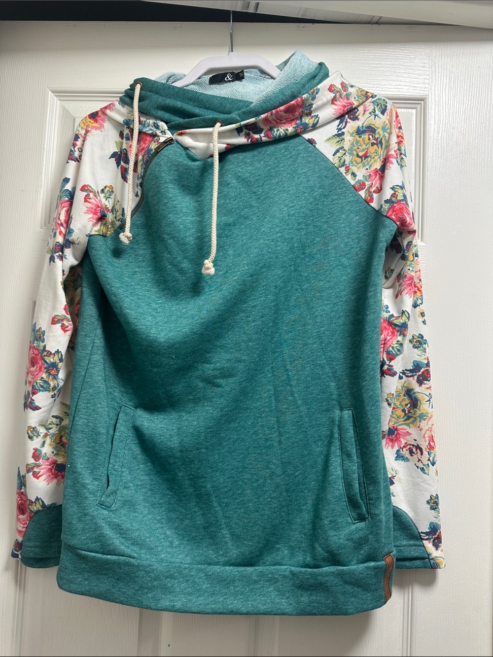 AMPERSAND AVE Teal Pullover Hoodie with Floral Trim - Picture 3 of 4
